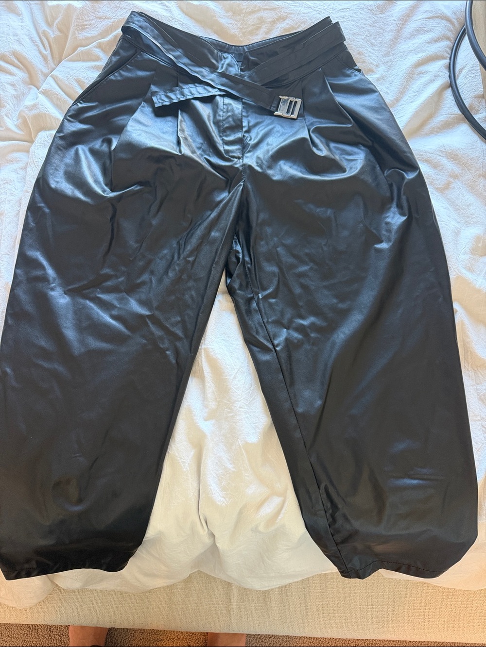 Roaman's Black Wide-Leg Faux-Leather Pants with Belt